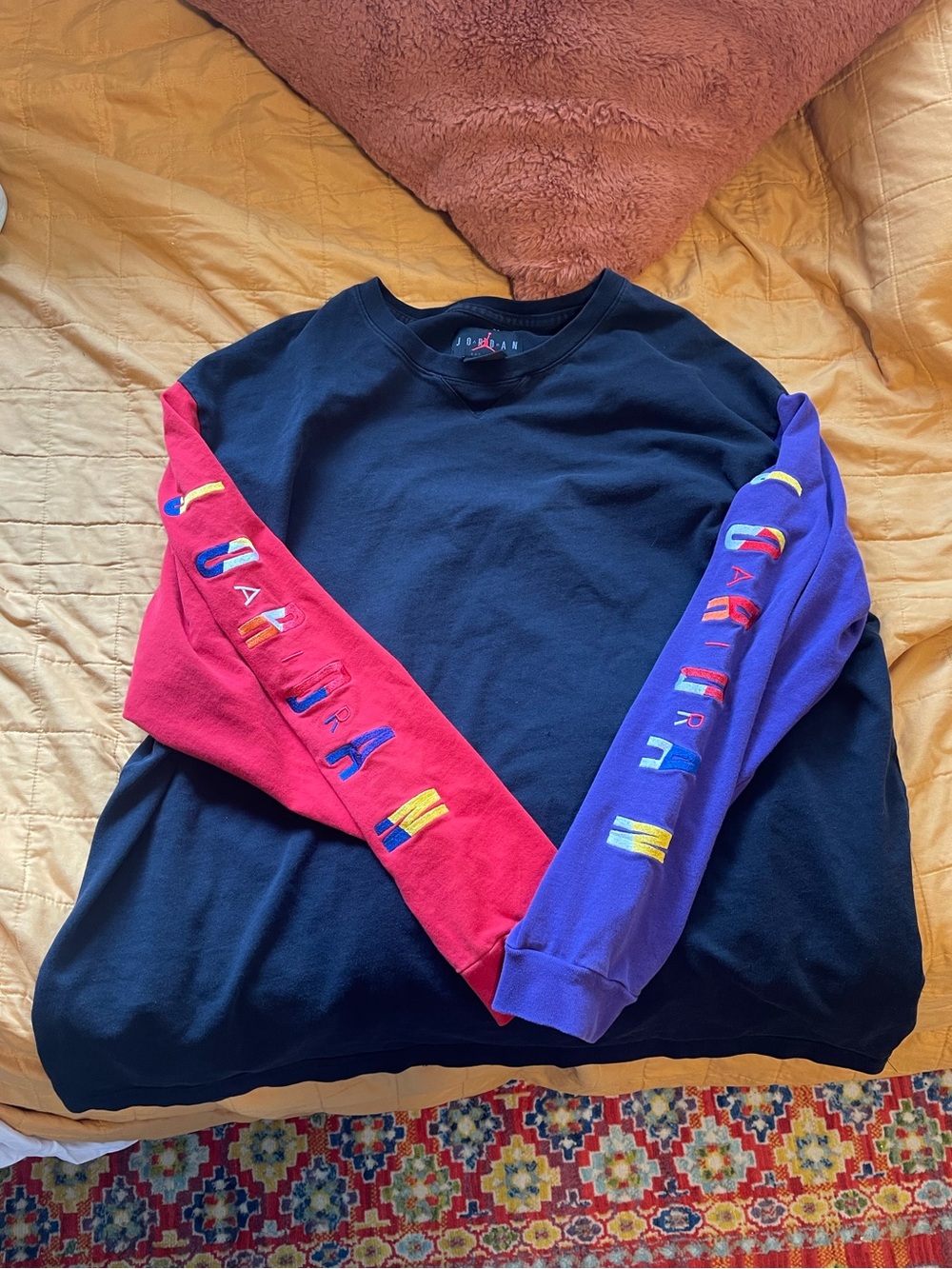 Vintage Air Jordan Black Crewneck long-sleeve t-shirt with Red & Purple Sleeves